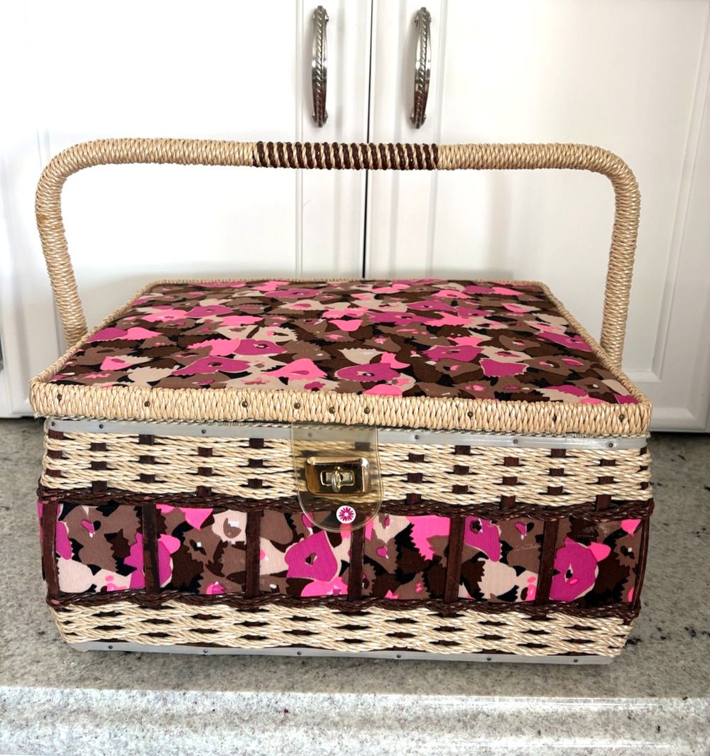 VtgFloral Cloth Padded Fabric Wicker Sewing/Box Basket W/Handle & Plastic Drawer